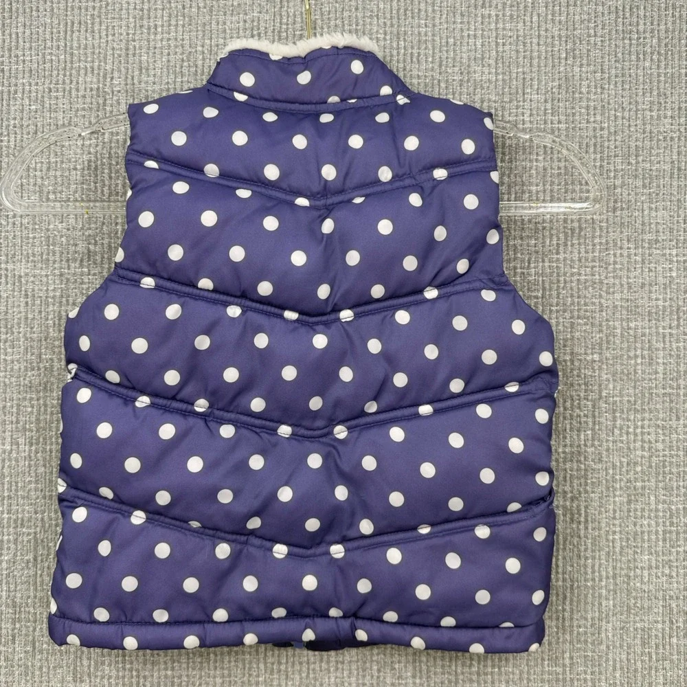 Gymboree Girls Puffer Vest Size S (5-6) Purple White Polka Dot Faux‎ Fur Trim